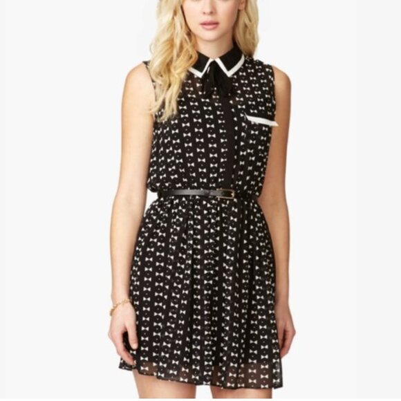 NEW Forever 21 Black and White Sheer Dress Bowtie Pattern L - Picture 1 of 8
